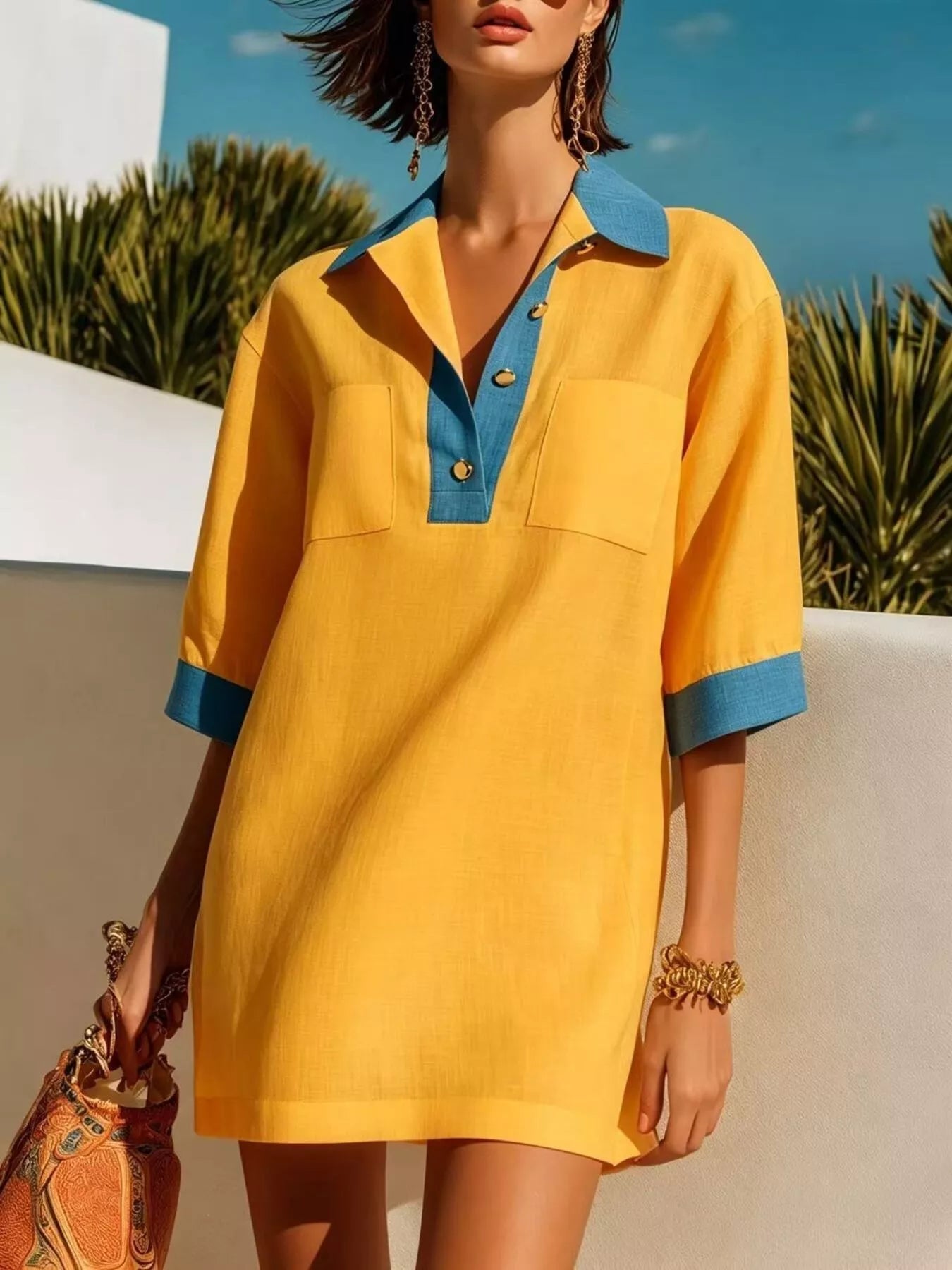 Contrast Trim Half-Sleeve Vacation Dress