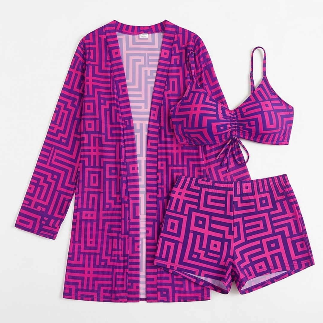 Solena™ 3 Piece Geometric Swim Set with Cover-up