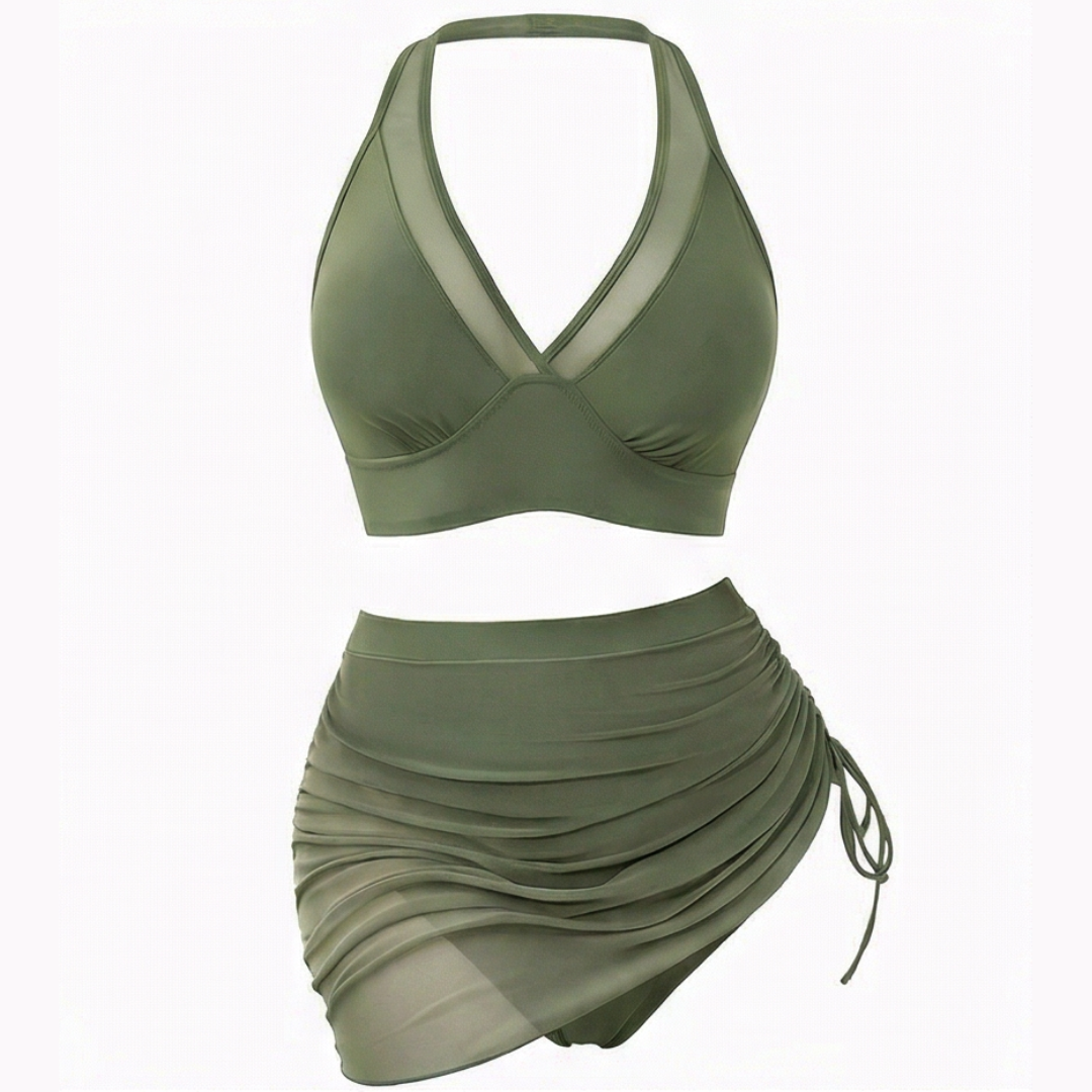 Marella™ – High Waist Mesh Bikini Set with Ruched Skirt Bottom