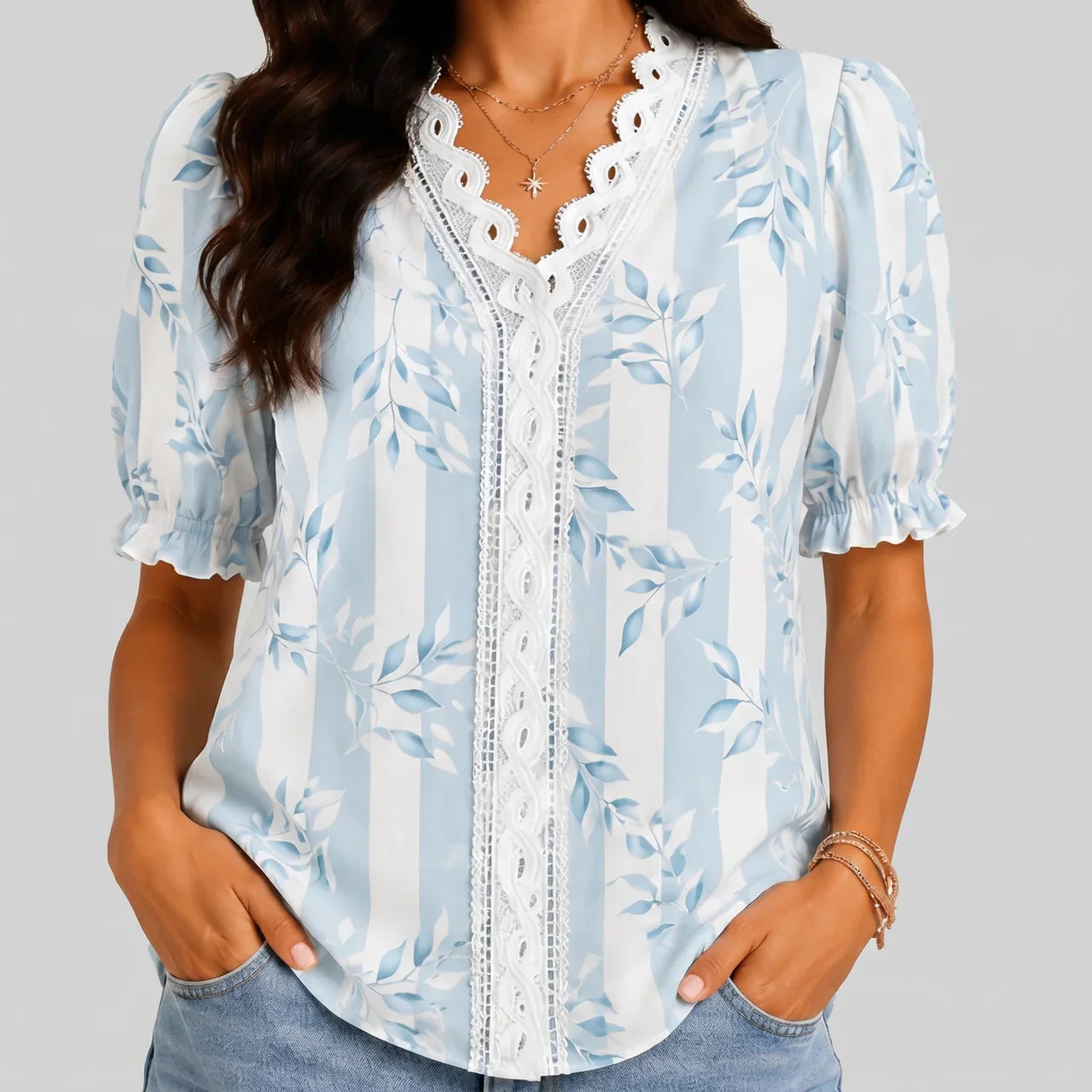 Boho Flower Blouse with Laced Spliced V-neck