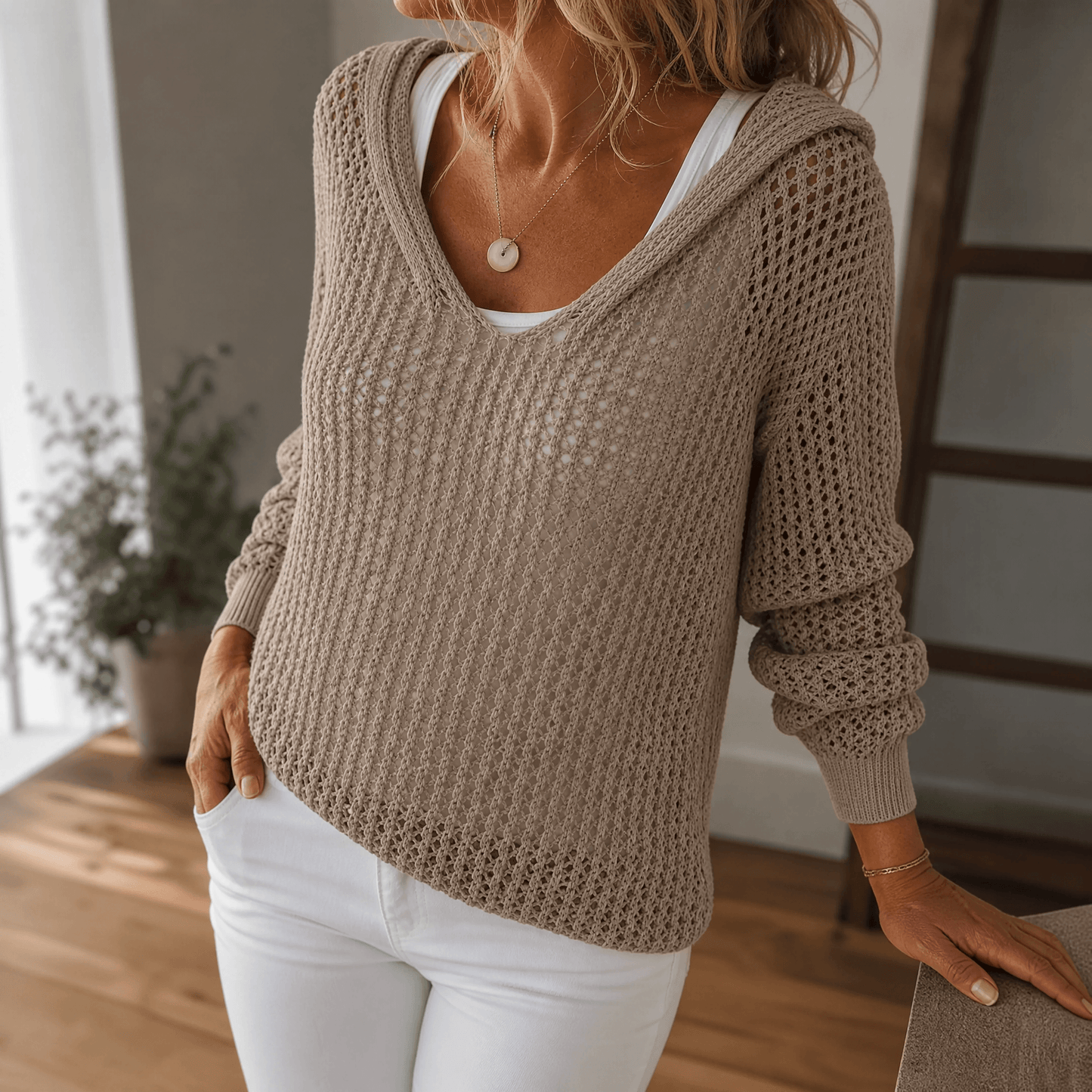 Delyne – Women's Open-Knit Hooded Pullover