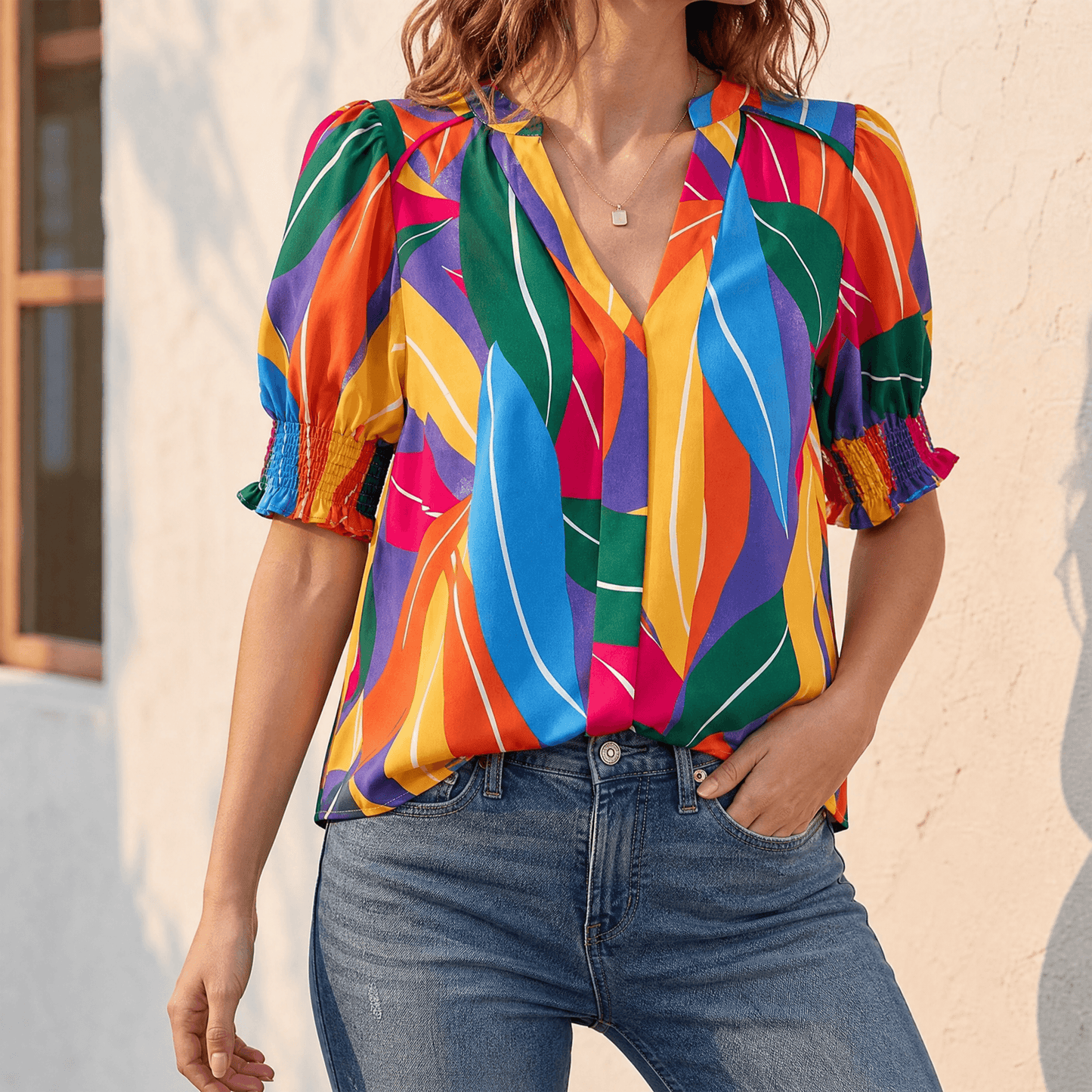 Florenza – Women's Floral Puff Sleeve V-Neck Blouse