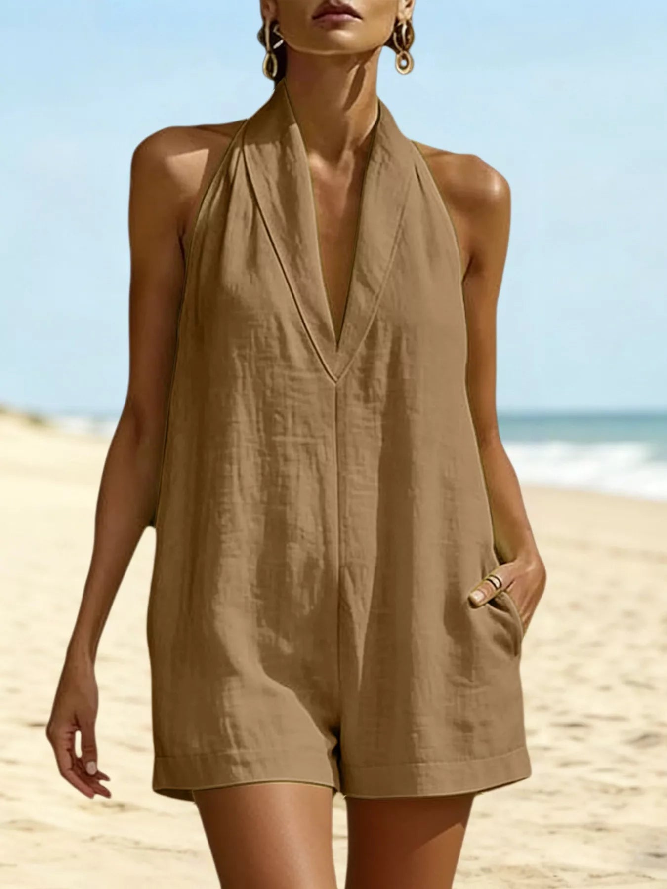 Halter Neck Resort Romper with Pockets