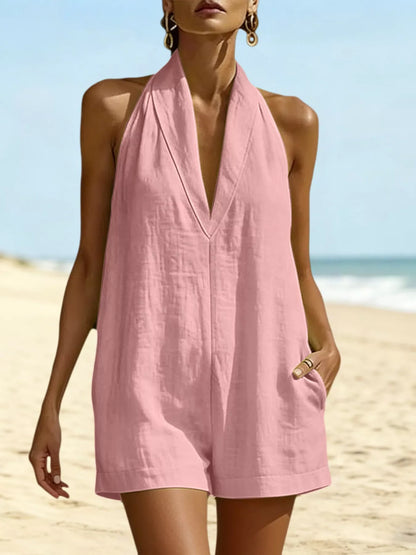 Halter Neck Resort Romper with Pockets