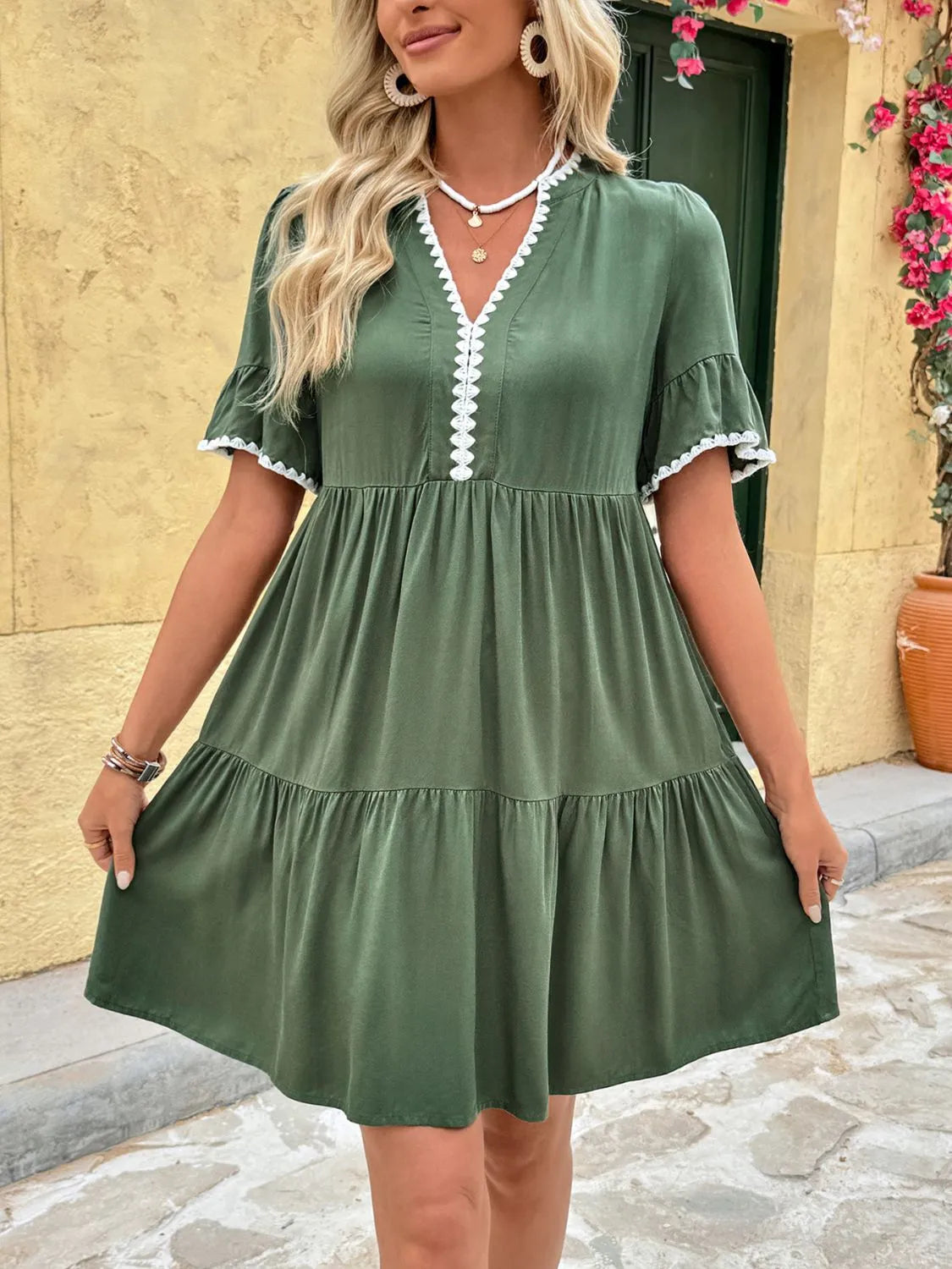 Lace Detail Flounce Sleeve Mini Dress