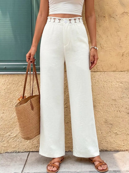 High-Waist Wide-Leg Pants with Crochet Trim