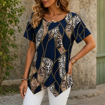 Velora – Asymmetric Hem Leopard Paisley Print Tunic Top