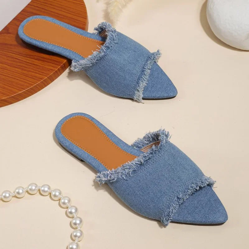 Fray Denim Slides