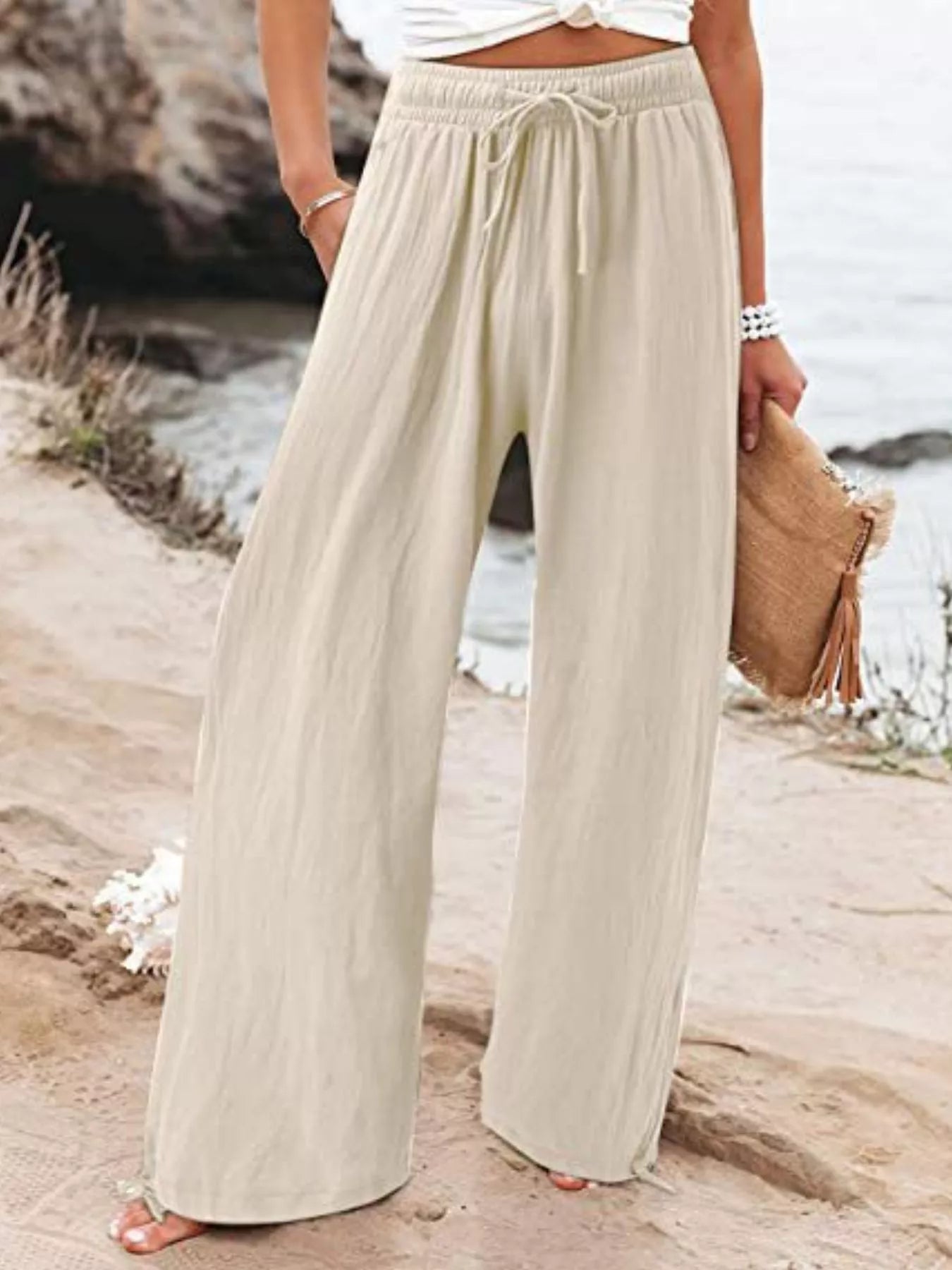 Wide-Leg Drawstring Waist Resort Pants