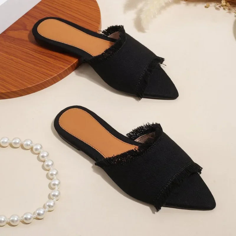 Fray Denim Slides
