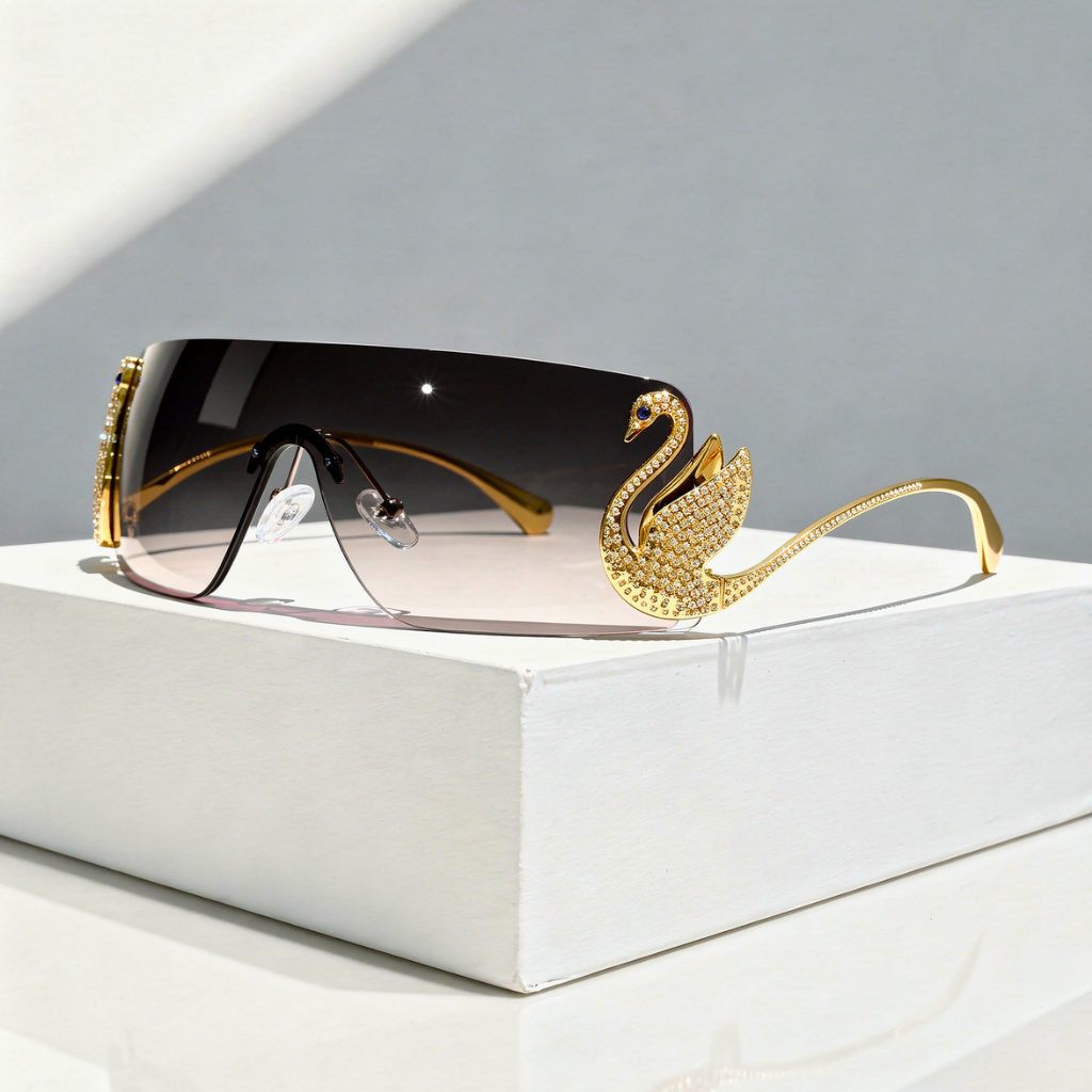 Rimless Shield Sunglasses Gold Swan Hardware