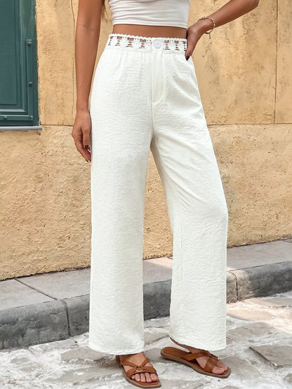 High-Waist Wide-Leg Pants with Crochet Trim