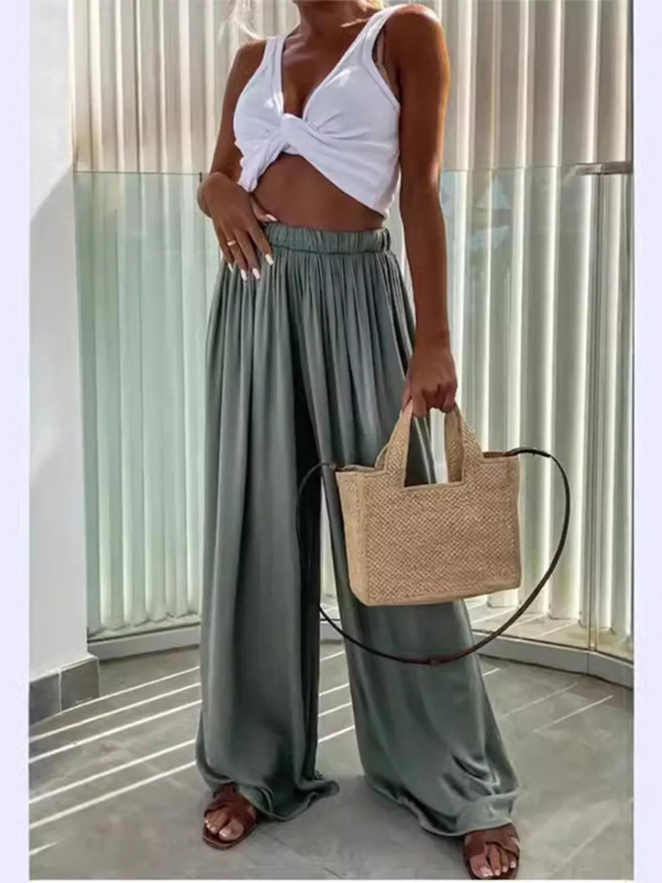 Wide-Leg Paperbag Waist Flowy Pants