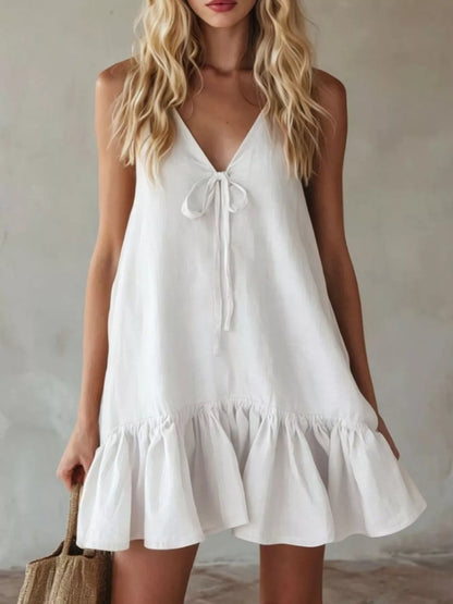 V-Neck Tie Front Ruffle Mini Dress