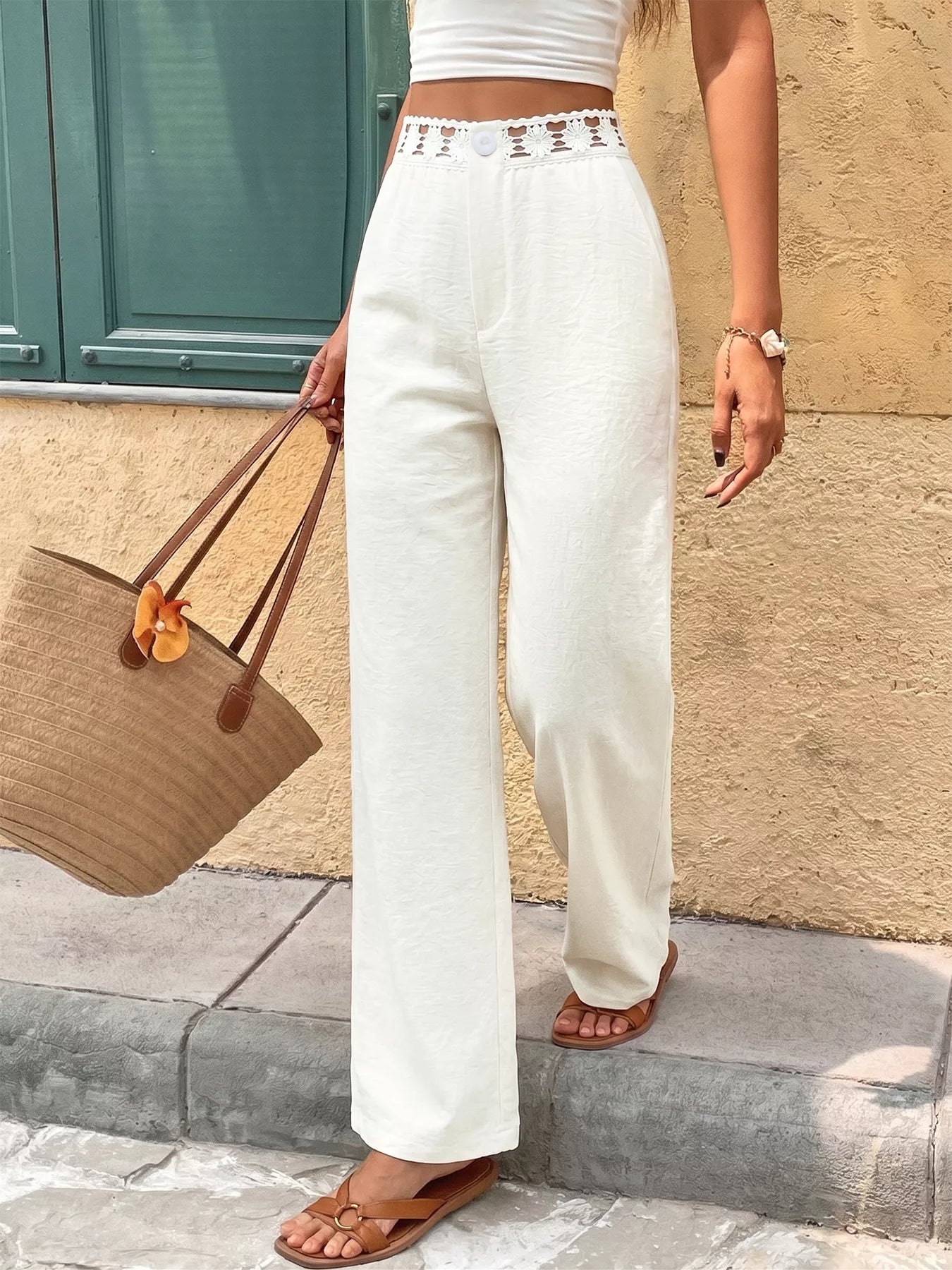 High-Waist Wide-Leg Pants with Crochet Trim