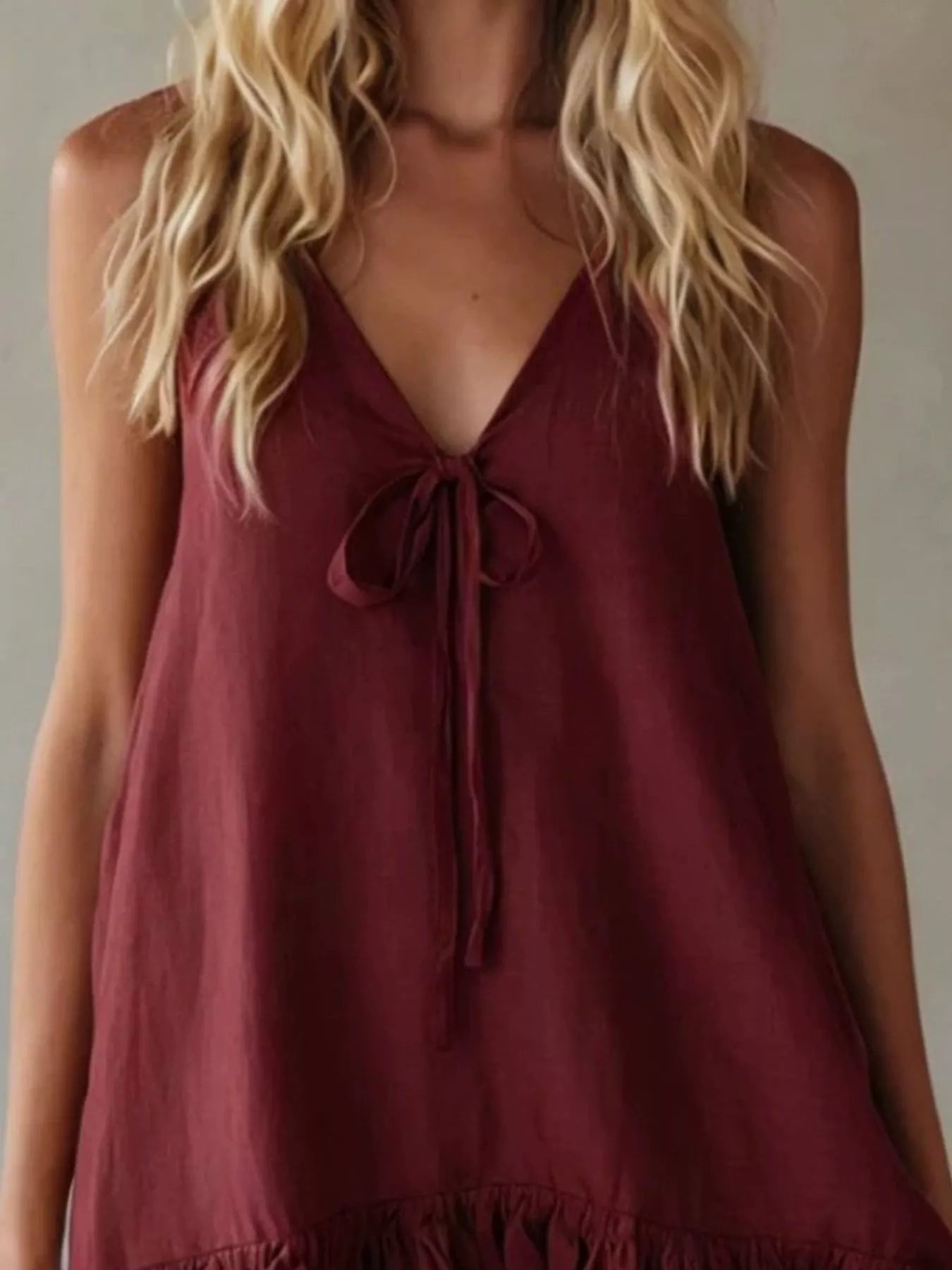V-Neck Tie Front Ruffle Mini Dress