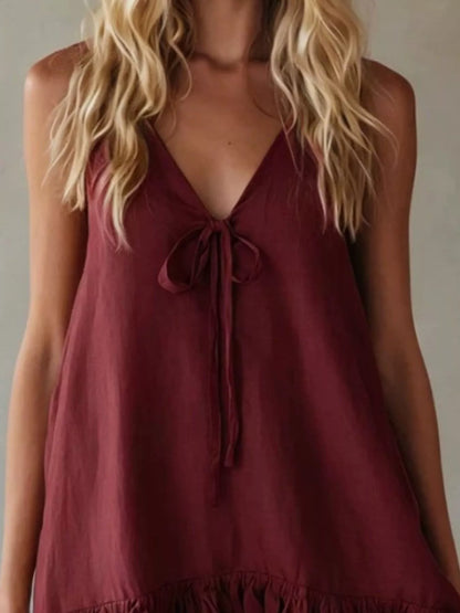 V-Neck Tie Front Ruffle Mini Dress