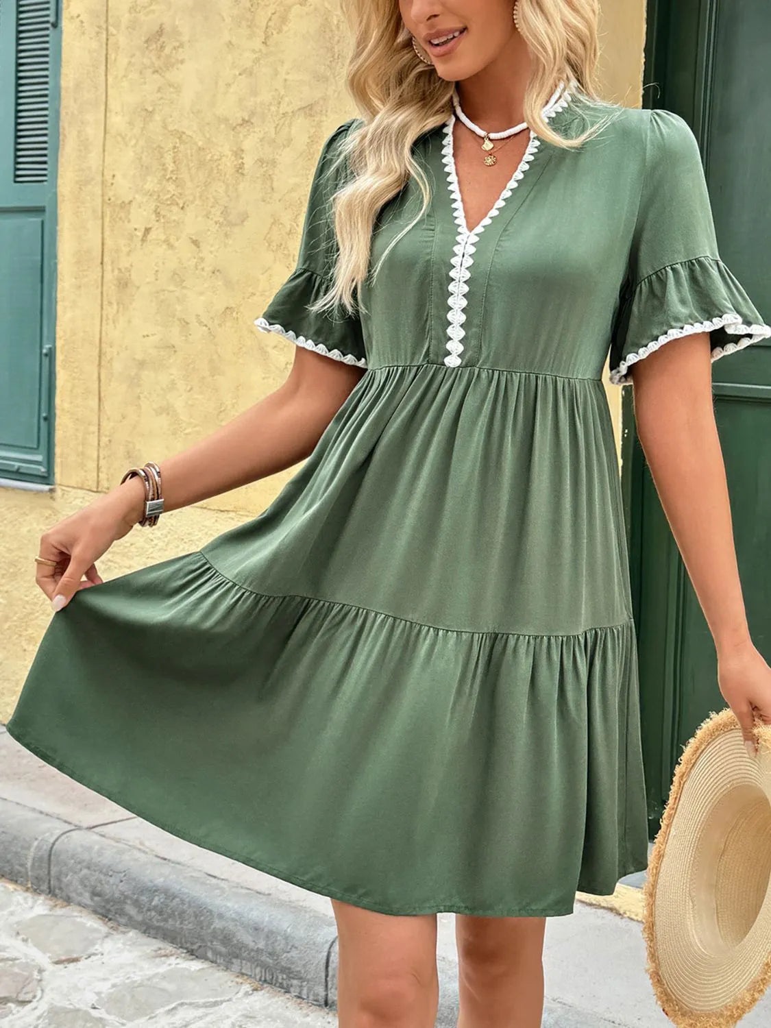 Lace Detail Flounce Sleeve Mini Dress