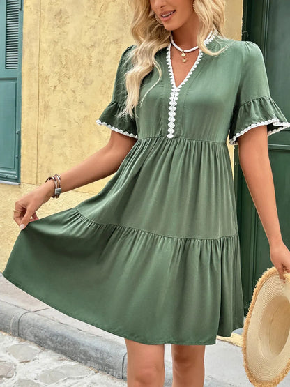 Lace Detail Flounce Sleeve Mini Dress