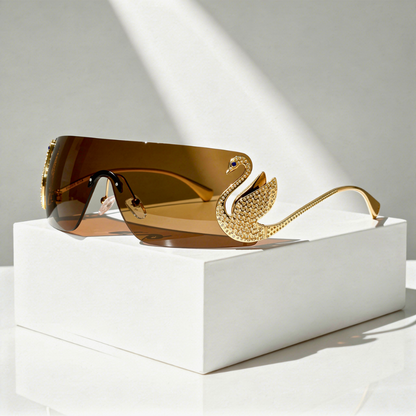 Rimless Shield Sunglasses Gold Swan Hardware