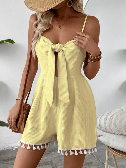 Tie-Front Tassel Hem Textured Romper