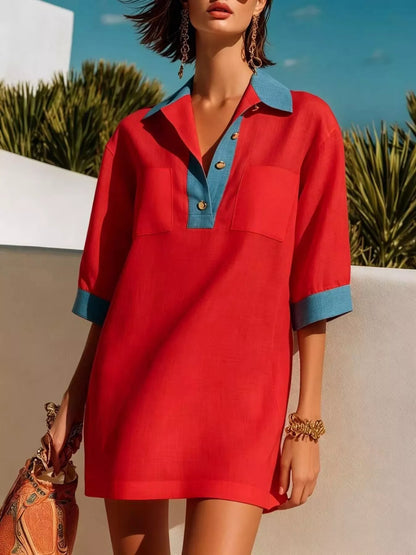 Contrast Trim Half-Sleeve Vacation Dress
