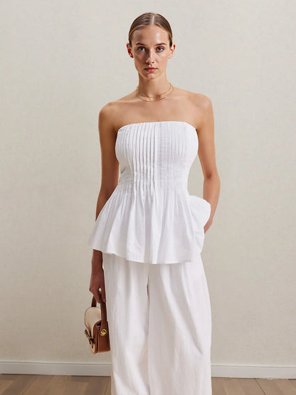 Strapless Peplum Top & Wide-Leg Pants Set