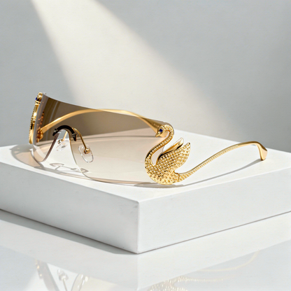 Rimless Shield Sunglasses Gold Swan Hardware