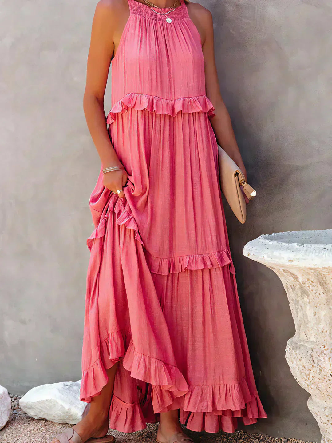 Delilah - Elegant Halter Neck Ruffle Trim Dress