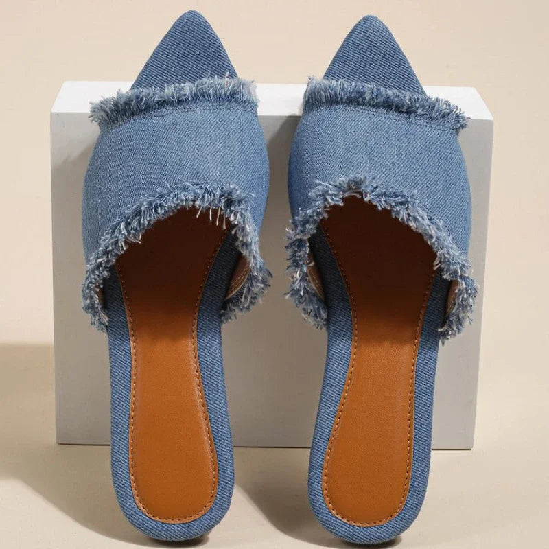 Fray Denim Slides