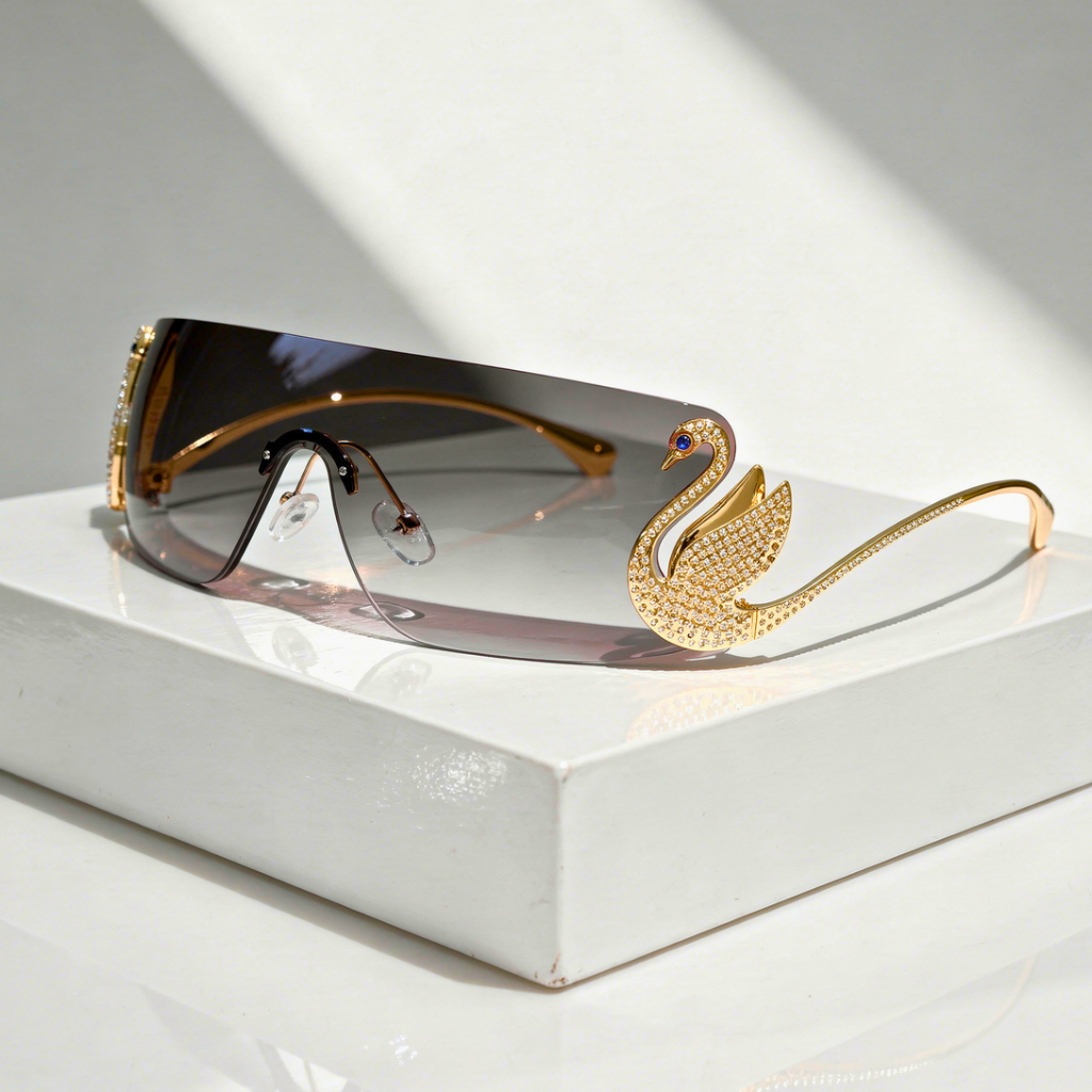Rimless Shield Sunglasses Gold Swan Hardware