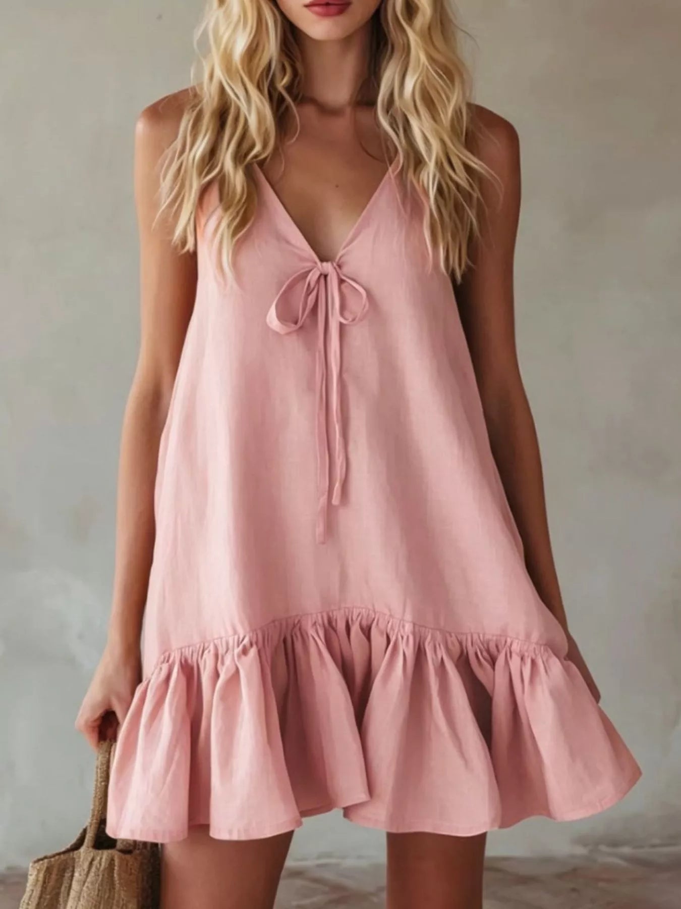 V-Neck Tie Front Ruffle Mini Dress