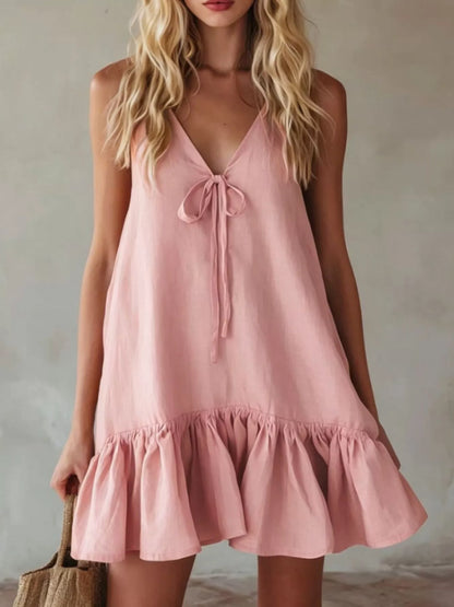 V-Neck Tie Front Ruffle Mini Dress