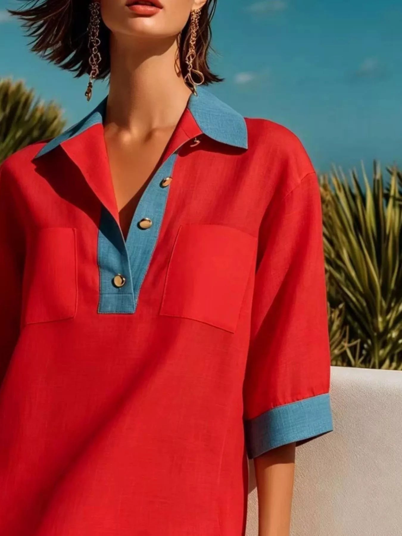 Contrast Trim Half-Sleeve Vacation Dress