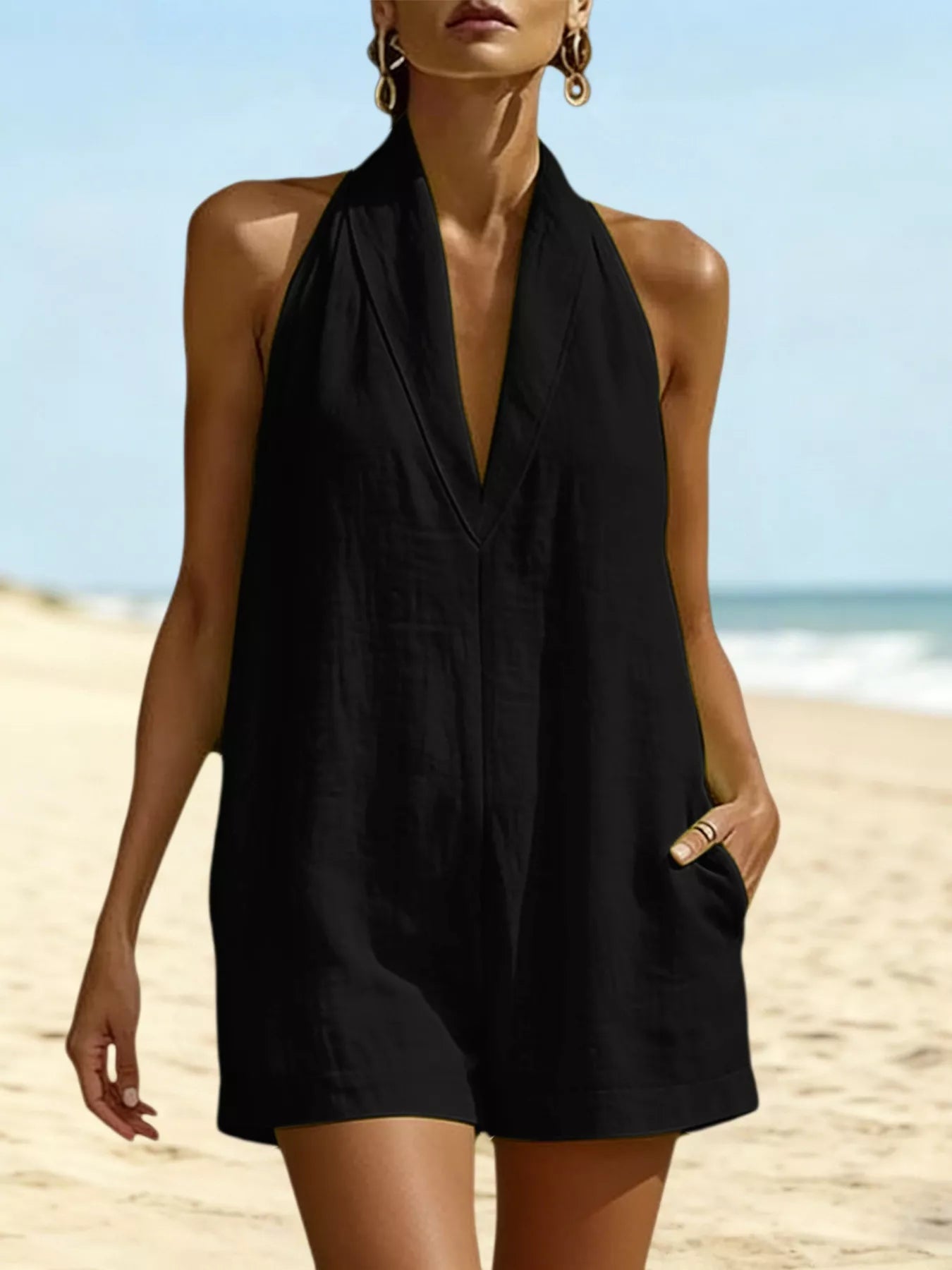 Halter Neck Resort Romper with Pockets