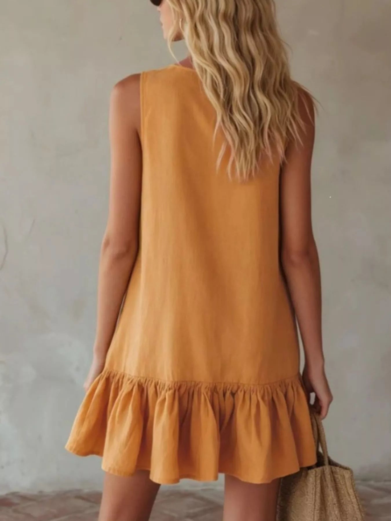 V-Neck Tie Front Ruffle Mini Dress