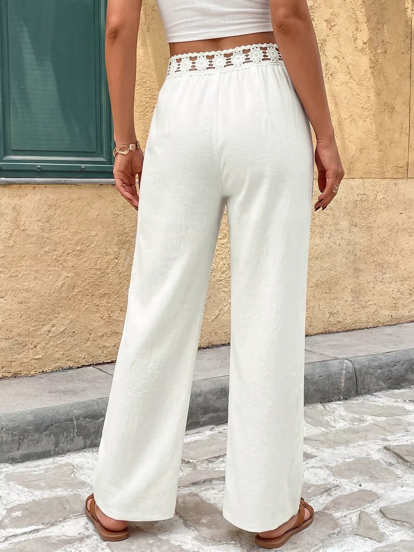 High-Waist Wide-Leg Pants with Crochet Trim