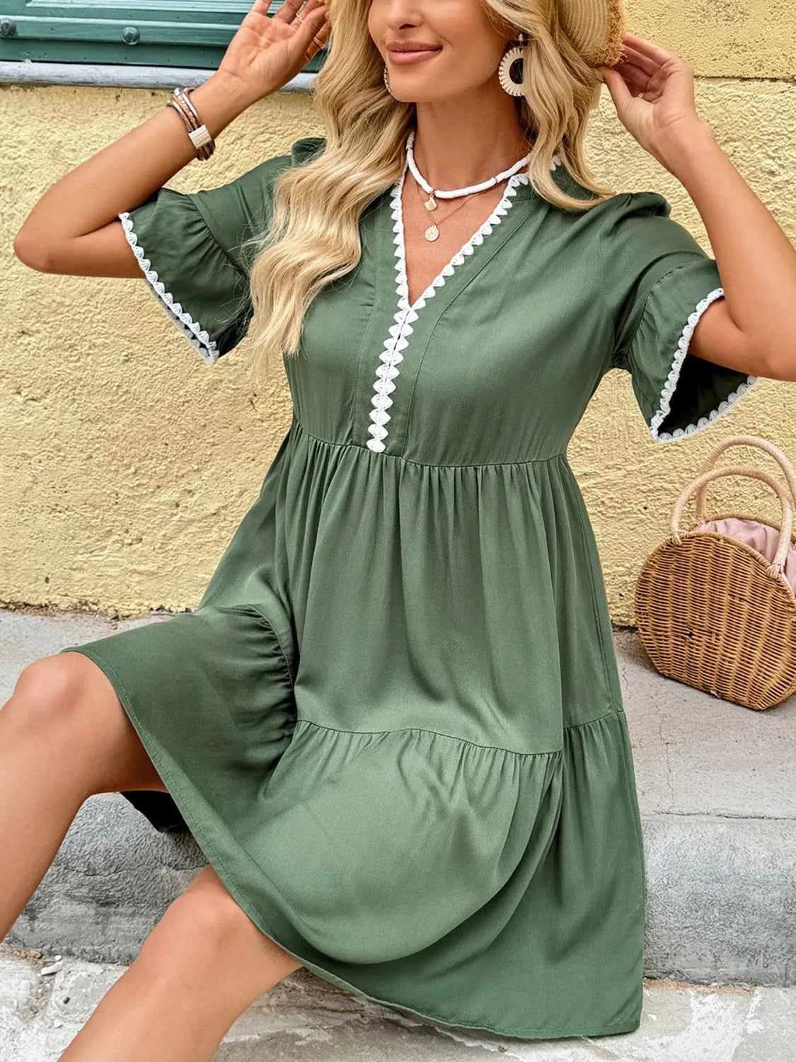 Lace Detail Flounce Sleeve Mini Dress