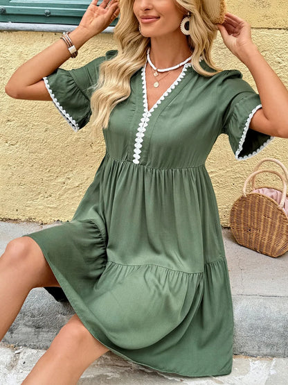 Lace Detail Flounce Sleeve Mini Dress