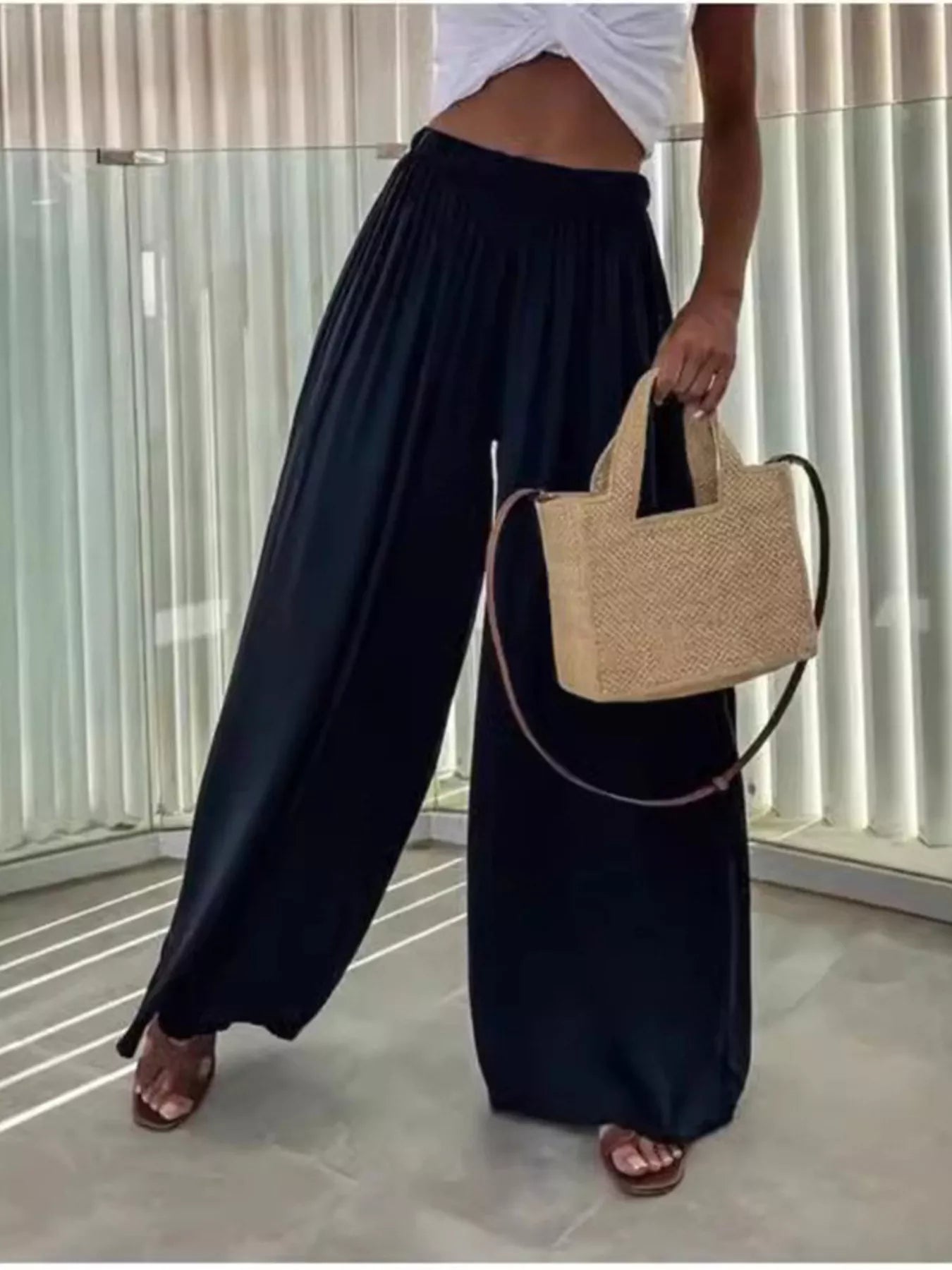 Wide-Leg Paperbag Waist Flowy Pants