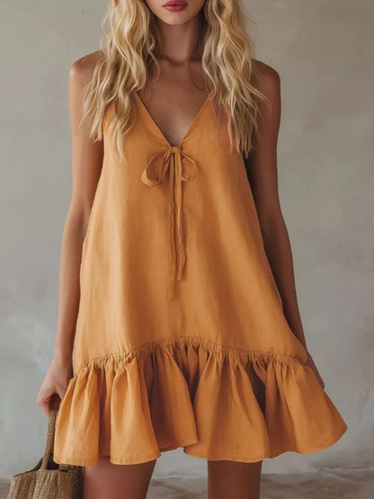 V-Neck Tie Front Ruffle Mini Dress