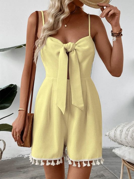 Tie-Front Tassel Hem Textured Romper