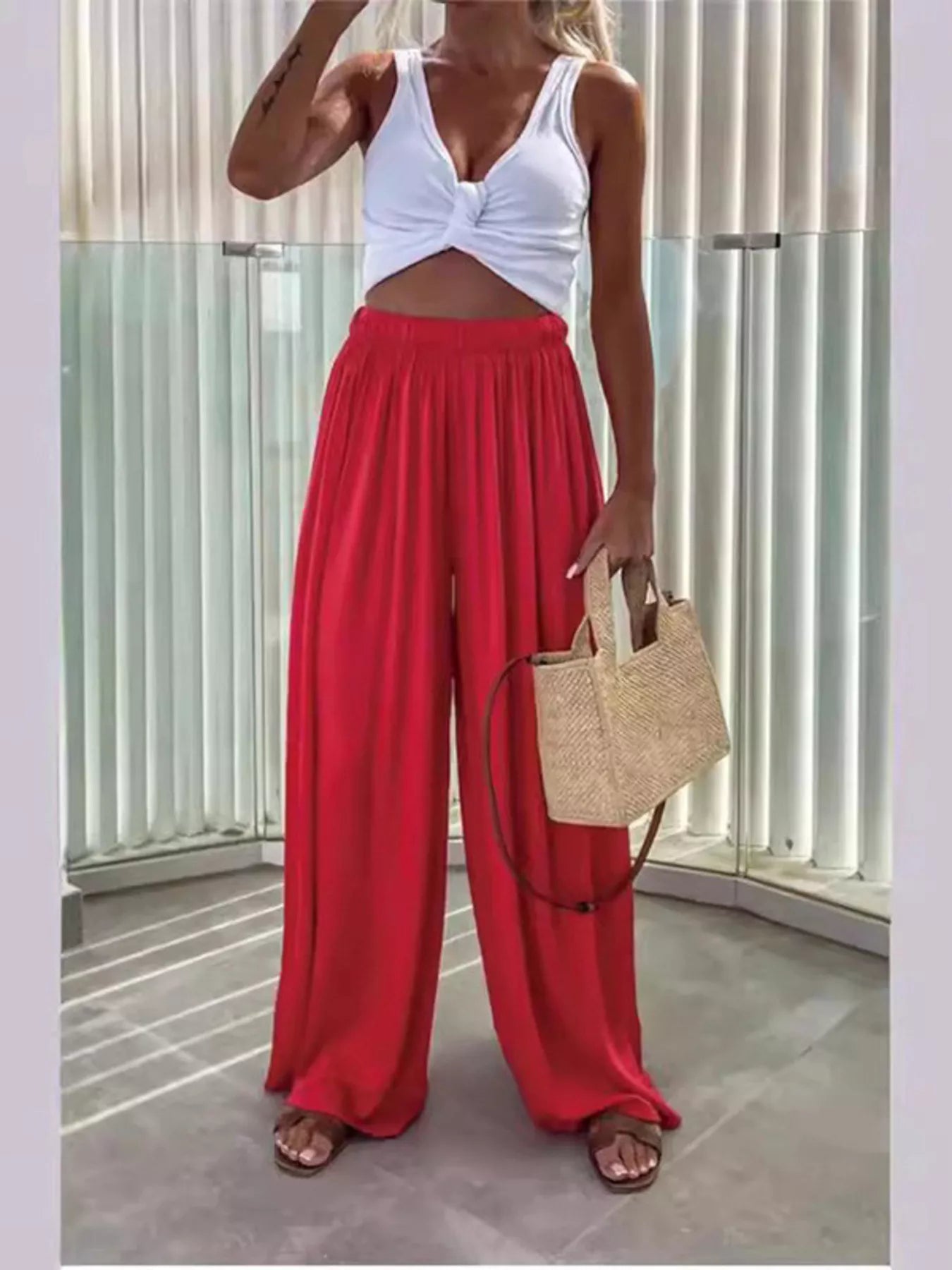 Wide-Leg Paperbag Waist Flowy Pants