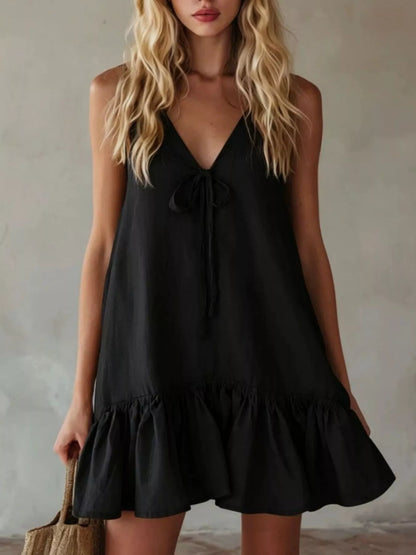 V-Neck Tie Front Ruffle Mini Dress