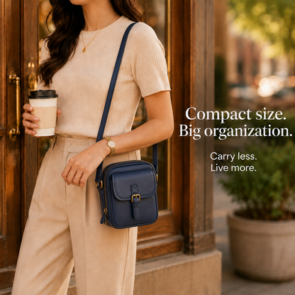 Solene – Structured PU crossbody bag with built-in wallet and glasses compartment