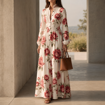 Luvelle™ – Rose Print Button-Front Maxi Dress with Long Sleeves