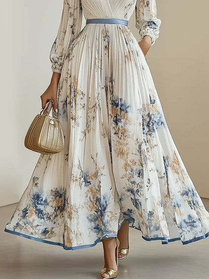 Halston - Elegant V-Neck Puff Sleeves Maxi Dress