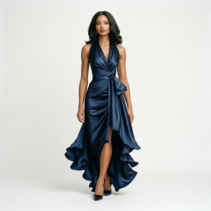 Elegant Satin Halter Gown for Wedding Guests and Formal Events