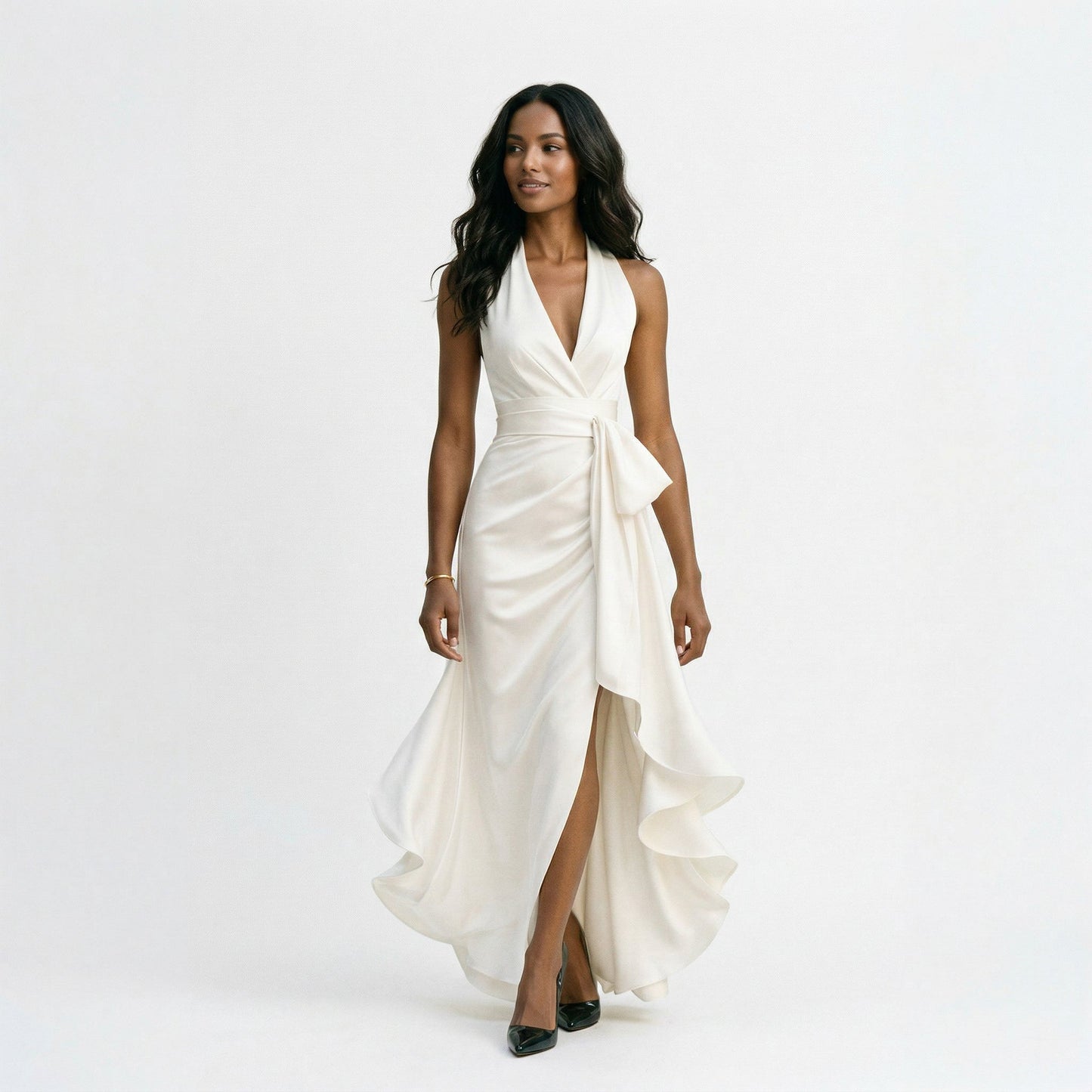 Elegant Satin Halter Gown for Wedding Guests and Formal Events