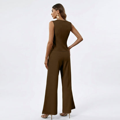 Elegant Womens Outfit with Sleeveless Vest and Wide Leg Trousers Set